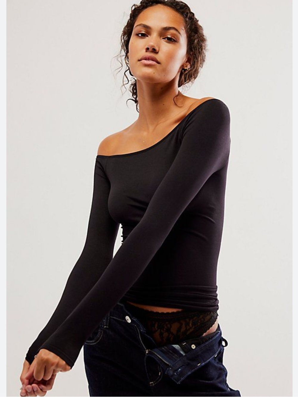 Free People Intimately Black Off Shoulder Long Sleeve Top